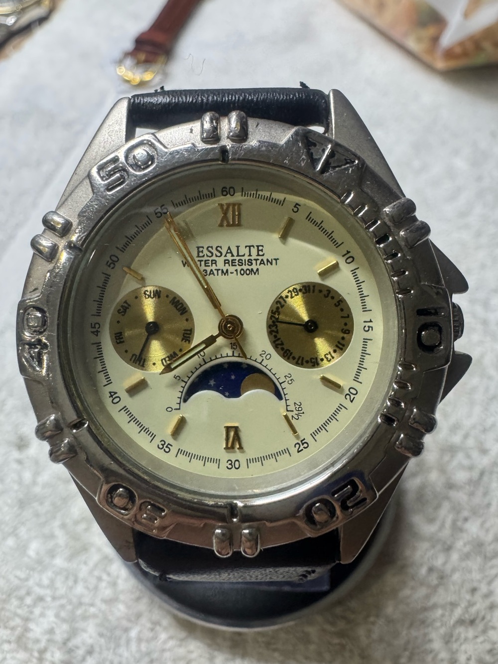 Men’s Black Leather Strap Watch with Cream Dial and Moonphase